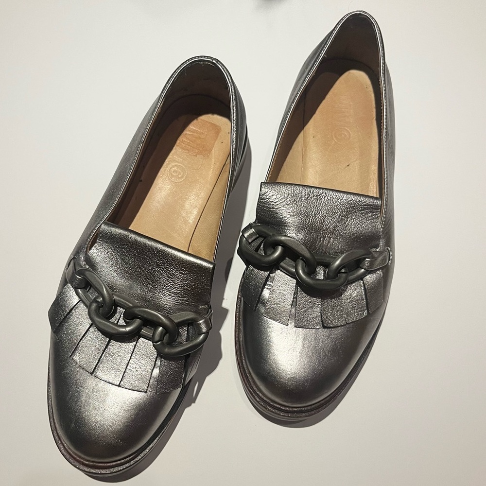 MM6 Maison Margiela Silver Metallic Loafers with Chain Detail